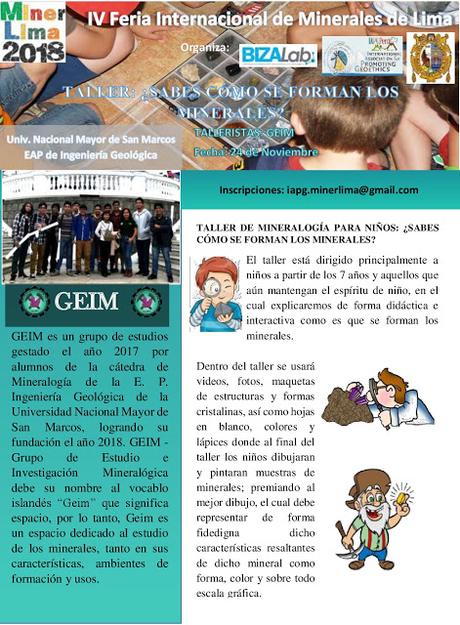 #MinerLima2018 TALLER DE MINERALOGÍA PARA NIÑOS A CARGO DEL EQUIPO GEIM - SABADO 24 NOV. - INGRESO LIBRE