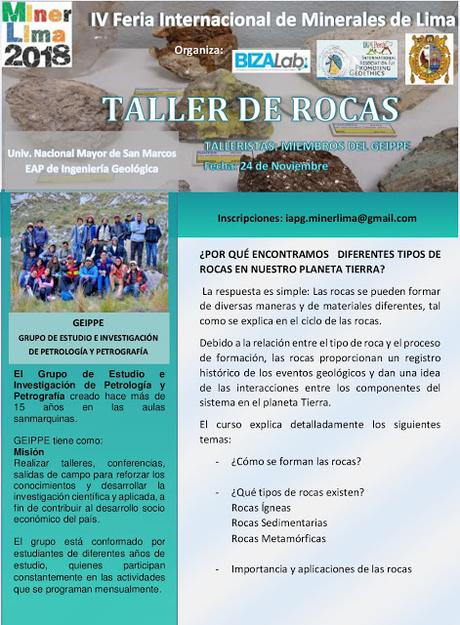 #MinerLima2018 TALLER DE ROCAS A CARGO DEL EQUIPO GEIPPE - SABADO 24 NOV. - INGRESO LIBRE