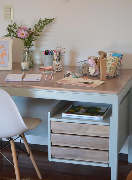 El escritorio azul celeste y tips para una pátina aguada