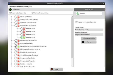 Ventana con árbol de carpetas para conceder o denegar permisos.