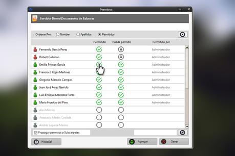 Ventana para asignar permisos a los usuarios sobre una carpeta Dataprius.