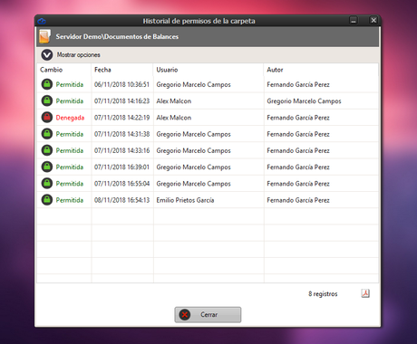 Historial de cambios de permisos sobre carpetas