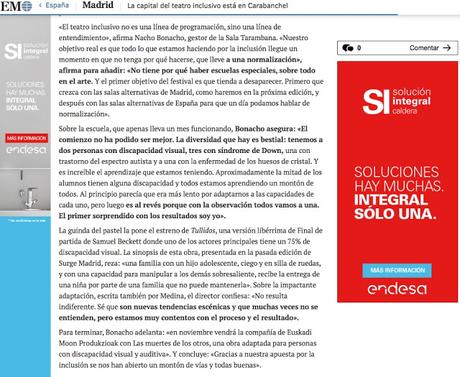 En el periódico EL MUNDO -Carabanchel capital del teatro inclusivo, por manu medina