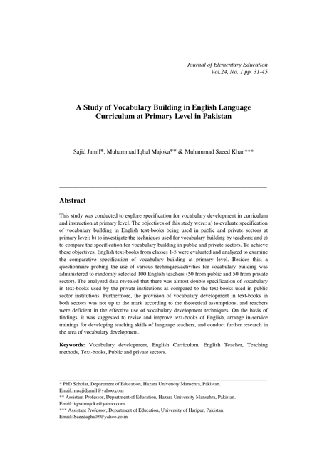 A Study Of Vocabulary Building In English Language Curriculum At Primary Level Stan