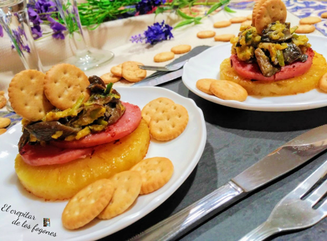 TAPA DE PIÑA A LA PLANCHA CON SETAS, JAMÓN Y GALLETAS SALADAS
