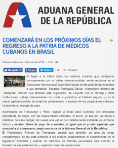 Aduana cubana emite comunicado para colaboradores cubanos en Brasil