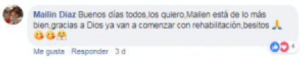 Hermana de Mailen Díaz informa que la joven está de lo más bien a punto de comenzar con la rehabilitación Hermana de Mailen Díaz informa que la joven está de lo más bien a punto de comenzar con la rehabilitación