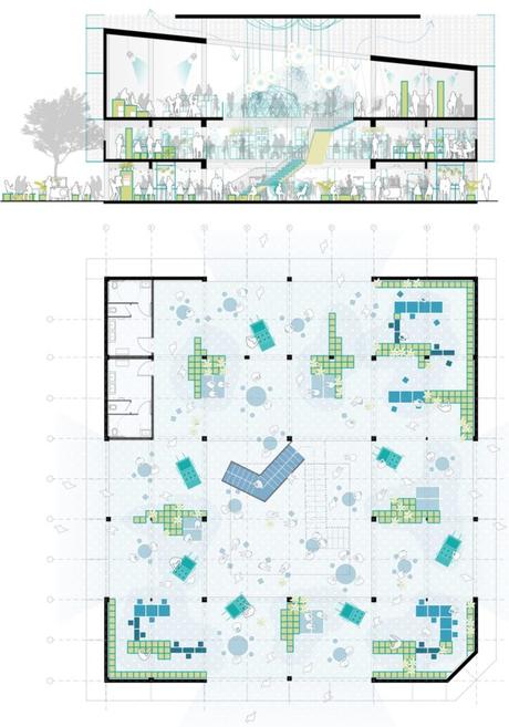 Planta y sección de la propuesta para el Banco de Ideas - Hermosillo, Sonora, México - Ecosistema Urbano