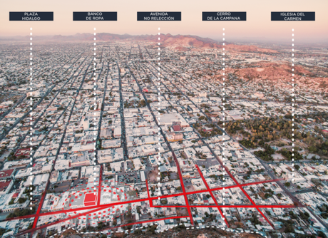 Vista general de la ubicación del Banco de Ideas y de su entorno, desde el Cerro de la Campana. Centro histórico de Hermosillo, Mexico.