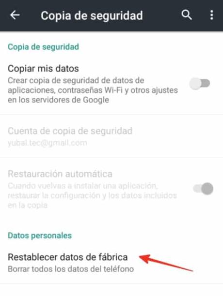 Restablecer configuración fabrica en android