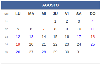 Calendario laboral Colombia: Agosto 2019