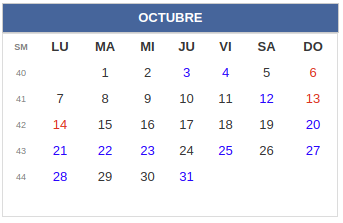 Calendario laboral Combia: Octubre 2019