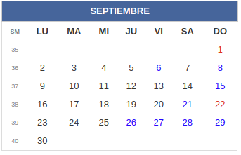 Calendario laboral Combia: Septiembre 2019