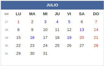 Calendario laboral Colombia: Julio 2019
