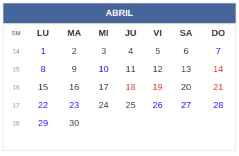 Calendario laboral Colombia: Abril 2018