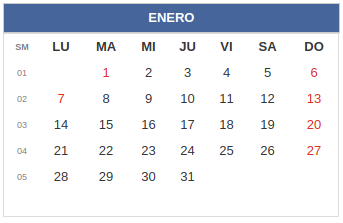 Calendario laboral Colombia: Enero 2019