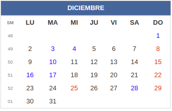Calendario laboral Colombia diciembre 2019