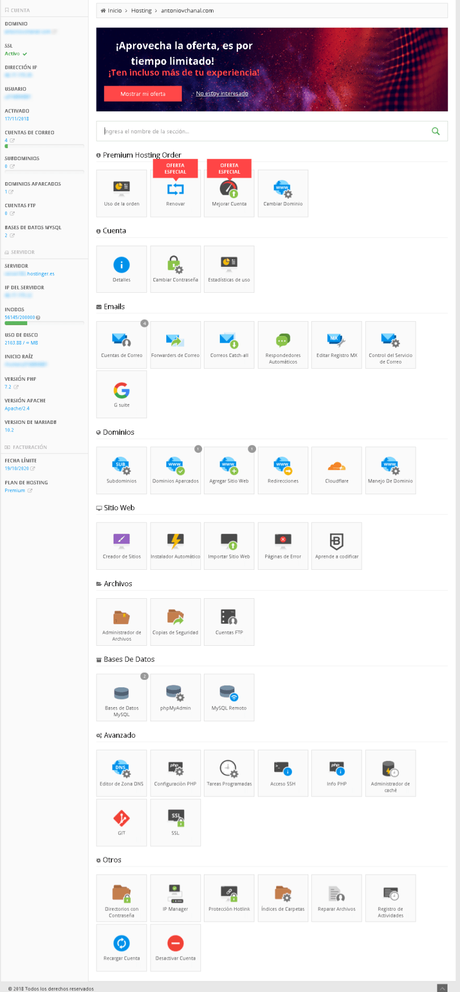 Hostinger. Alojamiento web bueno y barato. Panel de control. Proveedor de alojamiento web bueno y barato. Y un registrador de dominios de Internet. Creada en 2004, cuenta con soporte en español 24/7.