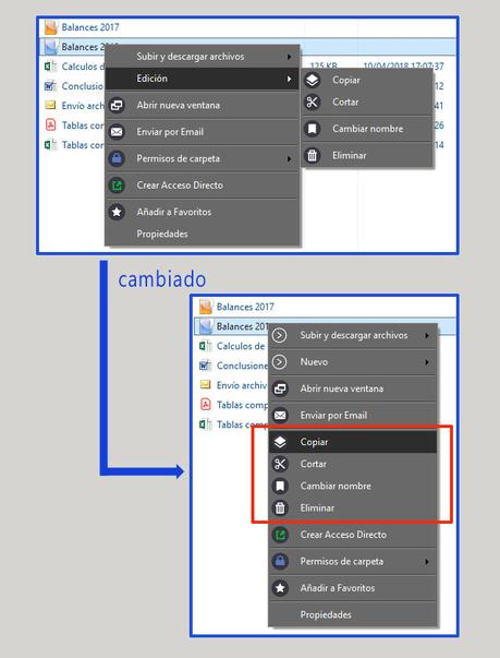 Cambios en el menu de la actualización