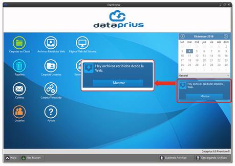 Escritorio Dataprius. Mostrando archivos recibidos desde la web o aplicaciones móviles.