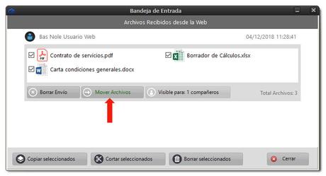 Ventana de archivos recibidos en Dataprius