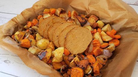 Rollo de carne vegano de soja texturizada, batata y mijo