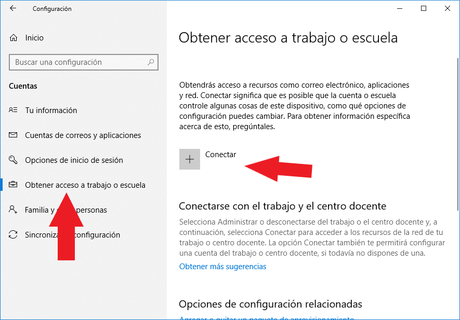 Configuración cuentas de usuario windows 10 para conectar acceso a trabajo o escuela