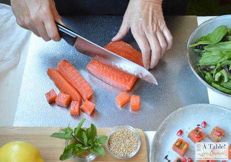 Dados de Salmón Marinado con Granada y Hierbabuena