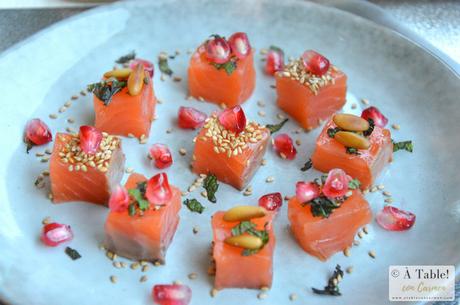 Dados de Salmón Marinado con Granada y Hierbabuena