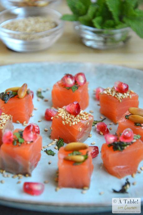 Dados de Salmón Marinado con Granada y Hierbabuena