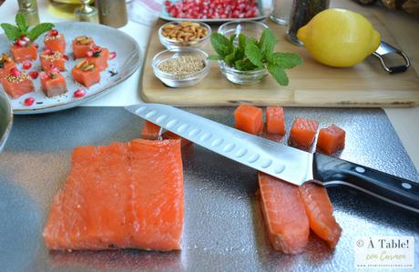Dados de Salmón Marinado con Granada y Hierbabuena