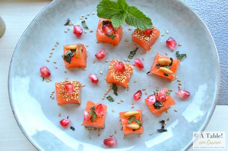 Dados de Salmón Marinado con Granada y Hierbabuena