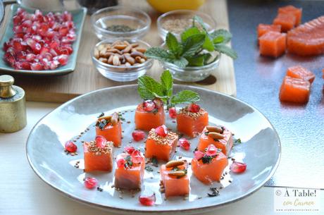 Dados de Salmón Marinado con Granada y Hierbabuena