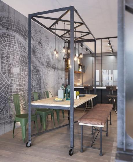Dark Grey Open Kitchen Mesa de comedor industrial