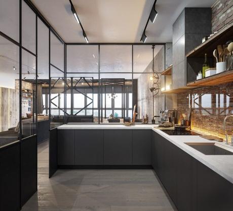 Dark Grey Open Kitchen proteger el ladrillo en la cocina
