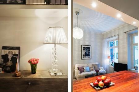 pequeño apartamento decoración papel de pared floral muebles de diseño lámparas de diseño estudio decoración estilo nórdico estilo escandinavo diseño de interiores decoración de mini pisos decoración de interiores decoración de espacios pequeños cogines brillantes chimenea en el salón barra en la cocina 