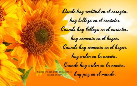 Donde hay rectitud en el corazón, hay belleza en el carácter. Cuando hay belleza en el carácter, hay armonía en el hogar. Cuando hay armonía en el hogar, hay orden en la nación. Cuando hay orden en la nación, hay paz en el mundo. A. P. J. Abdul Kalam
