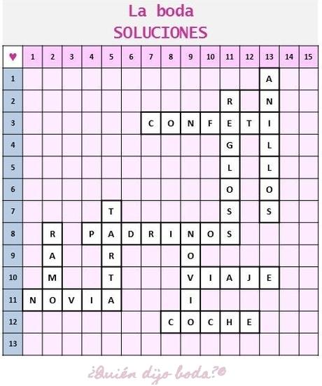 Ejemplo de crucigrama para cuaderno de actividades para niños en la boda (soluciones)