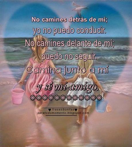 No camines detrás de mí; yo no puedo conducir. No camines delante de mí; puedo no seguir. Camina junto a mí y sé mi amigo.     Albert Camus
