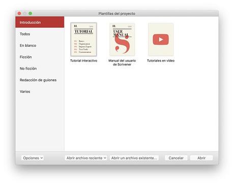 Como usar Scrivener pantalla inicial