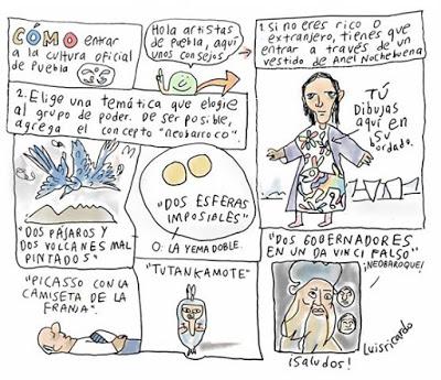 Historieta sobre la cultura oficial en la Puebla de Moreno Valle, Por Luis Ricardo. Con Anel Nochebuena y Esteban Fuentes de María