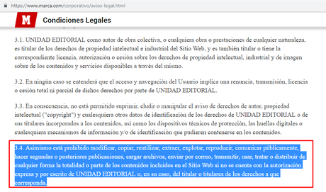 Párrafo especifico de las políticas de la página web de marca en la que se apropia literalmente de las fotografías que roban.