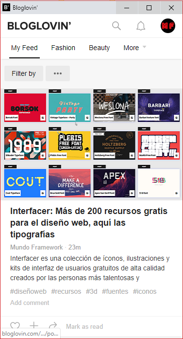 Bloglovin captura de pantalla de su versión móvil