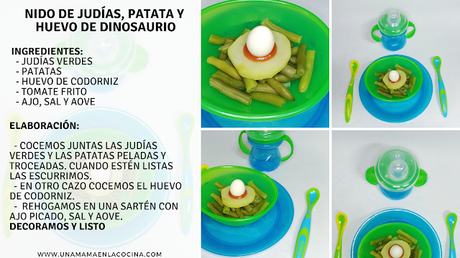 Receta nido de dinosaurio de judías verdes, patata, huevo de codorniz  nuby
