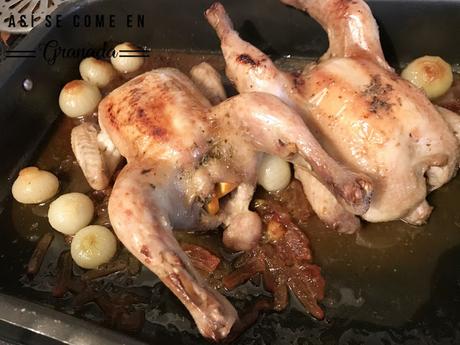 Picantones a la naranja con fruta confitada