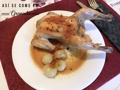 Picantones a la naranja con fruta confitada