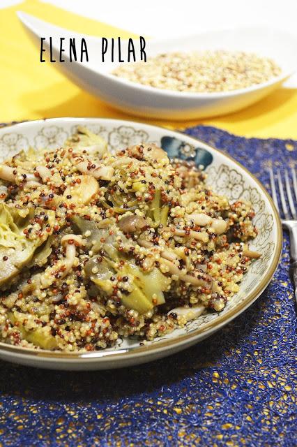 Quinoa tricolor con alcachofas y setas salteadas