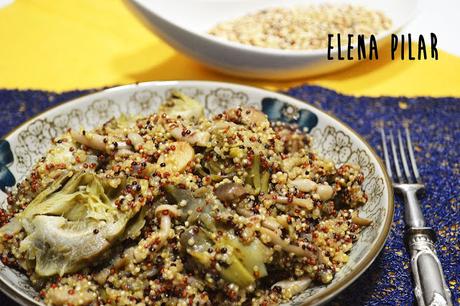 Quinoa tricolor con alcachofas y setas salteadas