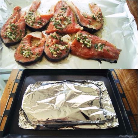 Salmón con mantequilla de ajo, jengibre y limón Salmón con mantequilla de ajo, jengibre y limón