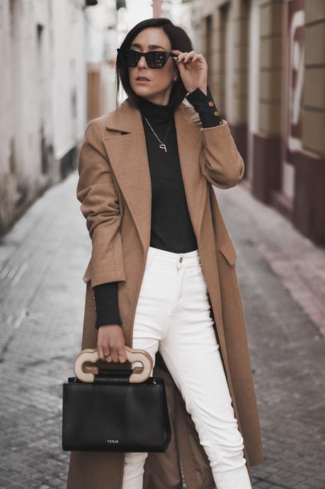 CAMEL COAT + WHITE PANTS